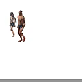 Two Characters Walking Shirtless Male and Female in White Sports Bra and Denim Shorts