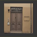 Classic Entrance Door With Brown Double Doors Orange Wall Wrought Iron Grille And Brick Steps