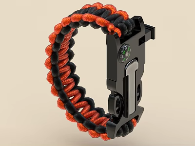 Outdoor Black And Orange Paracord Braided Multifunctional Bracelet With Compass 3d model