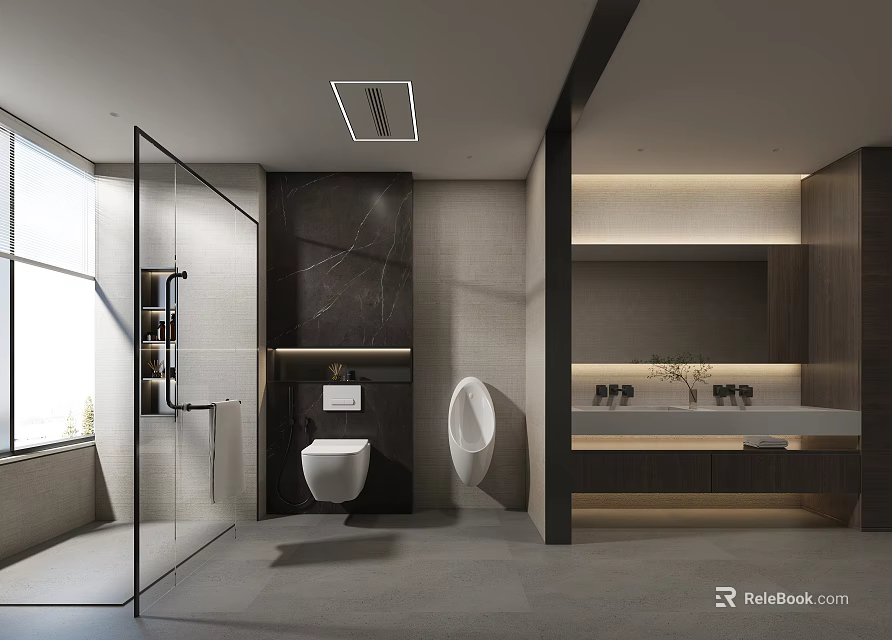 Modern Bathroom Interior With Glass Shower Toilet Marble Vanity And Lighting 3d model 