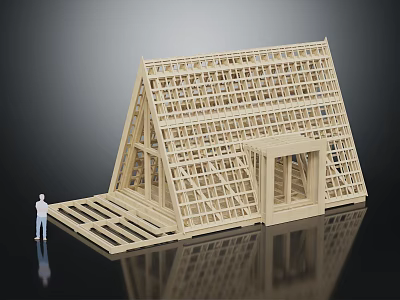 Wooden Frame House Construction Model With Gable Roof And Structural Beams 3d model