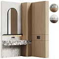 Modern Wooden Bathroom Cabinet Rack With Terrazzo Countertop And Arched Mirror