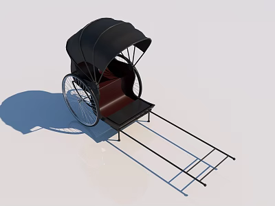 Traditional Rickshaw With Black Canopy Wooden Seat And Metal Wheels 3d model