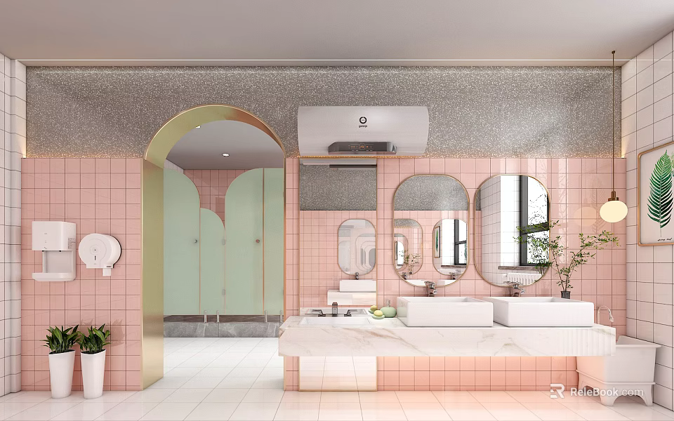 Modern Public Restroom With Pink Tiled Walls Multiple Mirrors White Washbasins And Potted Plants 3d model 