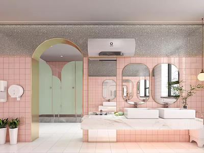 Modern Public Restroom With Pink Tiled Walls Multiple Mirrors White Washbasins And Potted Plants 3d model