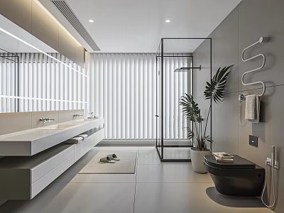 Modern Bathroom Interior With Double Vanities Large Mirror And Plants 3d model