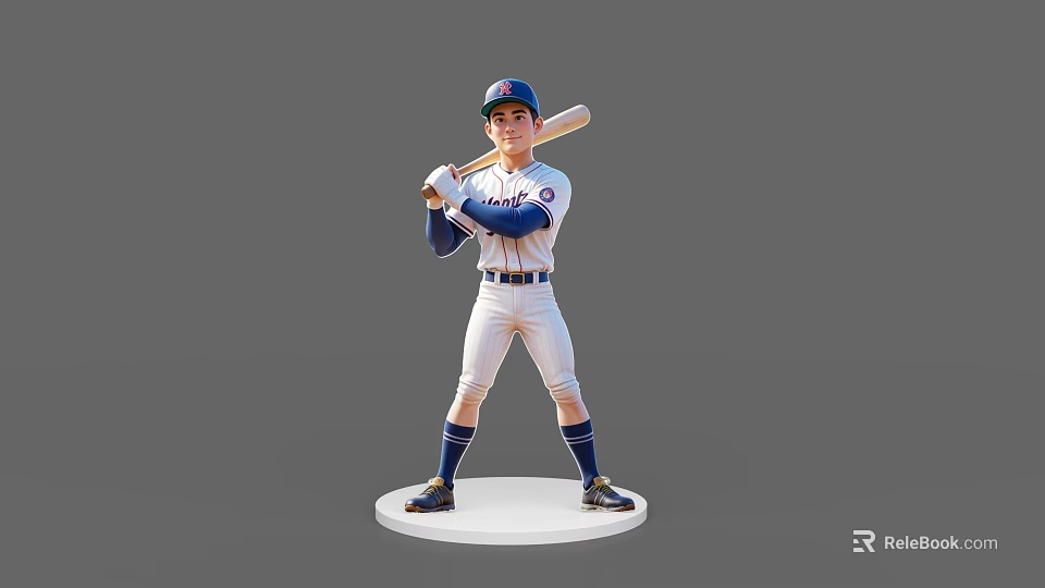 Game Movie Character Baseball Player In White Blue Uniform Holding Bat Standing On Base 3d model 
