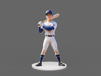 Game Movie Character Baseball Player In White Blue Uniform Holding Bat Standing On Base 3d model