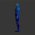 Blue Metallic Humanoid Robot in Standing Pose With White Lines and Gray Background