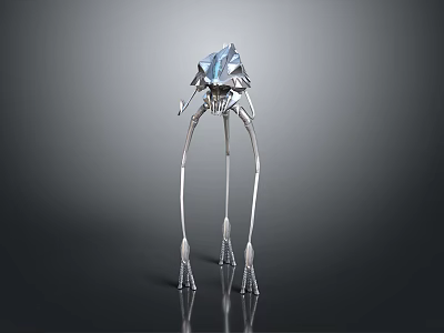 Mechanical Game Movie Character With Slender Metallic Legs And Blue Crystalline Head Design 3d model