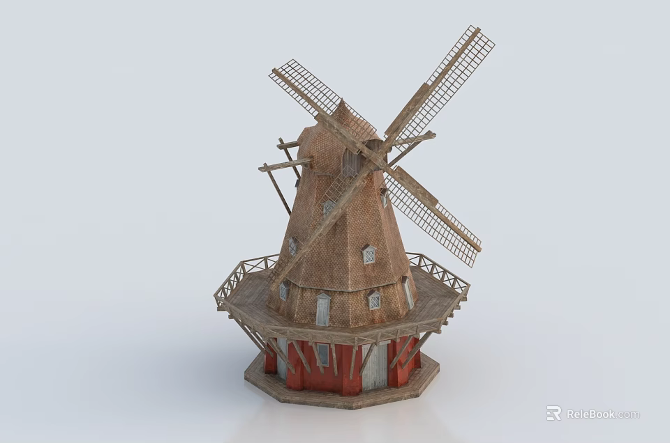 Traditional Windmill Architectural Components With Wooden Blades Tower Base And Windows 3d model 