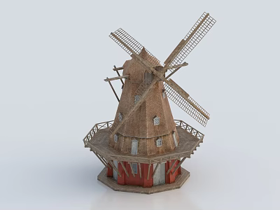 Traditional Windmill Architectural Components With Wooden Blades Tower Base And Windows 3d model