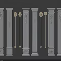 White Columns With Various Designs Golden Decorations And Detailed Carved Patterns