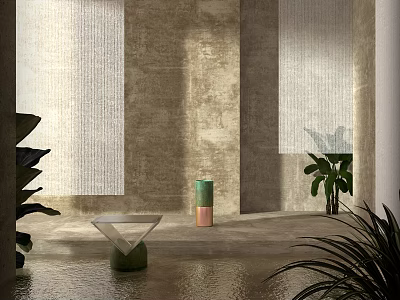 Elegant Modern Accent Stool In Interior Space With Textured Walls And Green Plants 3d model