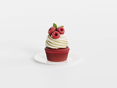 Red Cupcake With Cream Frosting Raspberries And Green Leaf On White Plate 3d model