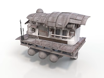 Rustic Floating Hut Structure With Weathered Roof Platform Railing And Buoys 3d model