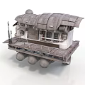 Rustic Floating Hut Structure With Weathered Roof Platform Railing And Buoys