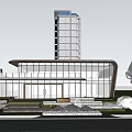 Modern Glass Curtain Wall Sales Office Building With Surrounding High Rises Steps And Greenery
