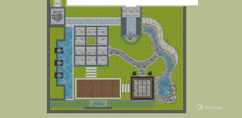 Traditional Garden Landscape With Stone Paving Winding Pathway Water Feature Green Lawn And Wooden Deck 3d model 