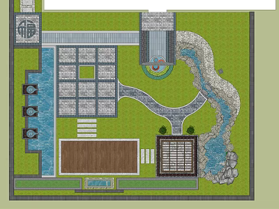 Traditional Garden Landscape With Stone Paving Winding Pathway Water Feature Green Lawn And Wooden Deck 3d model