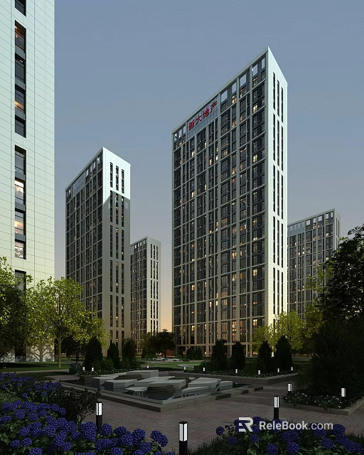 Modern High Rise Residential Buildings With Glass Curtain Walls And Green Surroundings 3d model 