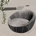 Modern Rounded Single Sofa with Striped Upholstery like Potted Plant and Light Wooden Floor