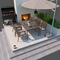 Outdoor Patio Table With Wooden Chairs Stone Fireplace Grill And Green Plants