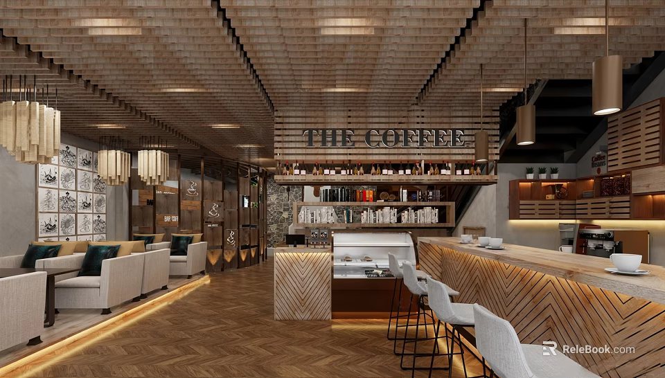 Coffee Shop Interior Design With Wooden Ceiling Pendant Lights Bar Stools And Herringbone Floor 3d model 