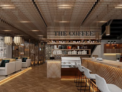 Coffee Shop Interior Design With Wooden Ceiling Pendant Lights Bar Stools And Herringbone Floor 3d model