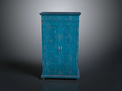 Distressed Blue Vintage Standing Cabinet With Double Doors And Textured Surface 3d model