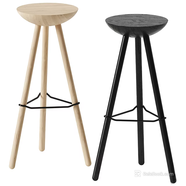 Modern Wooden and Black Metal Three Legged Bar Stools With Footrest Design 3d model 