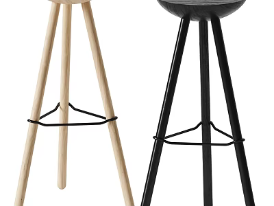 Modern Wooden and Black Metal Three Legged Bar Stools With Footrest Design 3d model