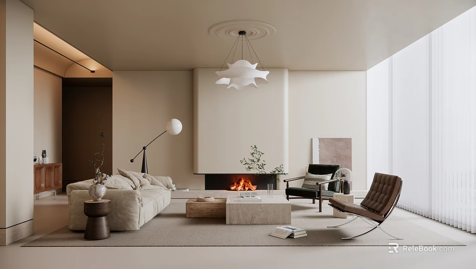 Modern Living Room Interior Design With Beige Sofa Round Chandelier And Fireplace 3d model 