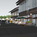 Vibrant Commercial Street With Outdoor Seating Green Umbrellas And Pedestrians Walking
