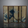 Traditional Japanese Folding Screen With Great Wave off Kanagawa Pattern And Wooden Frame