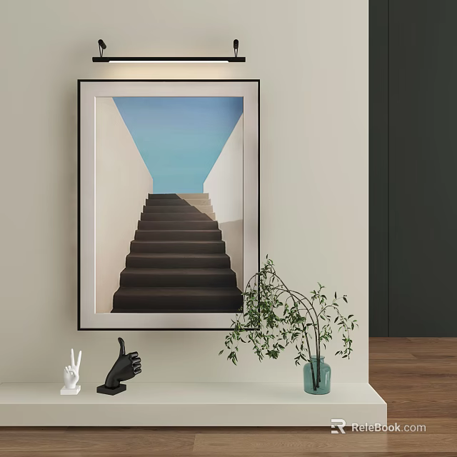 Abstract Painting With Staircase Leading To Blue Sky On Wall With Decorative Plant And Vase 3d model 