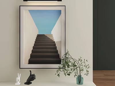 Abstract Painting With Staircase Leading To Blue Sky On Wall With Decorative Plant And Vase 3d model