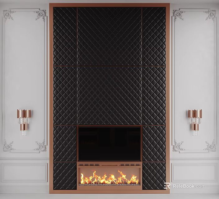 Elegant Black Diamond Pattern TV Wall Design With Fireplace Flames And Copper Sconces 3d model