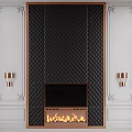Elegant Black Diamond Pattern TV Wall Design With Fireplace Flames And Copper Sconces 3d model