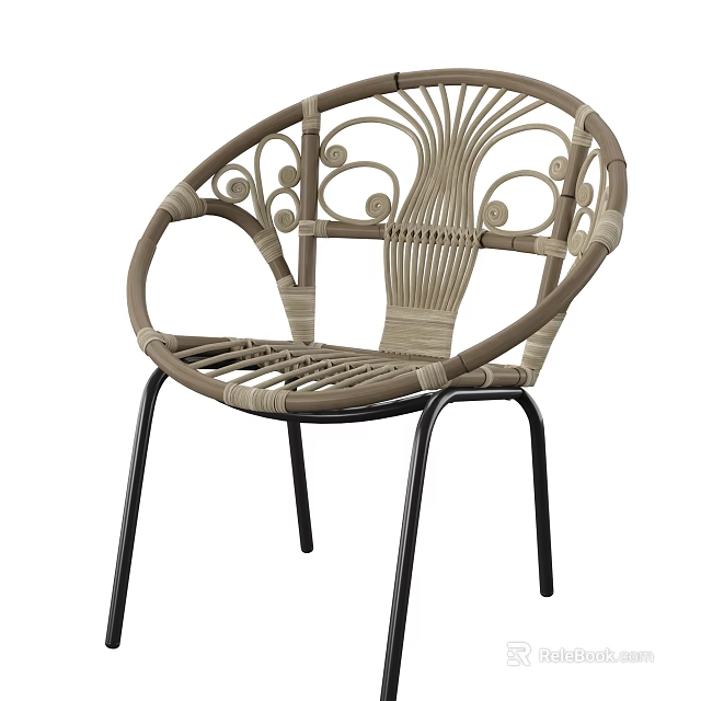 Stylish Wicker Leisure Chair Featuring Round Backrest Decorative Patterns And Black Metal Legs 3d model 