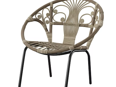 Stylish Wicker Leisure Chair Featuring Round Backrest Decorative Patterns And Black Metal Legs 3d model
