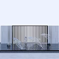 Modern Transparent Landscape Sculpture with Water Pool Reflection and Slatted Screen