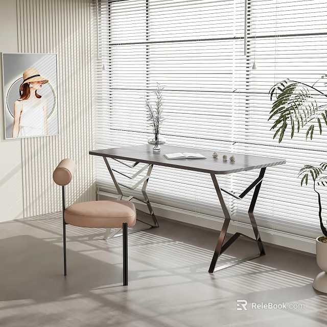 Modern Desk Setup With Window Blinds Chair Vase Plant And Picture on Wall 3d model 