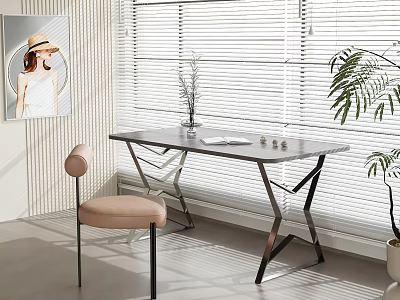 Modern Desk Setup With Window Blinds Chair Vase Plant And Picture on Wall 3d model