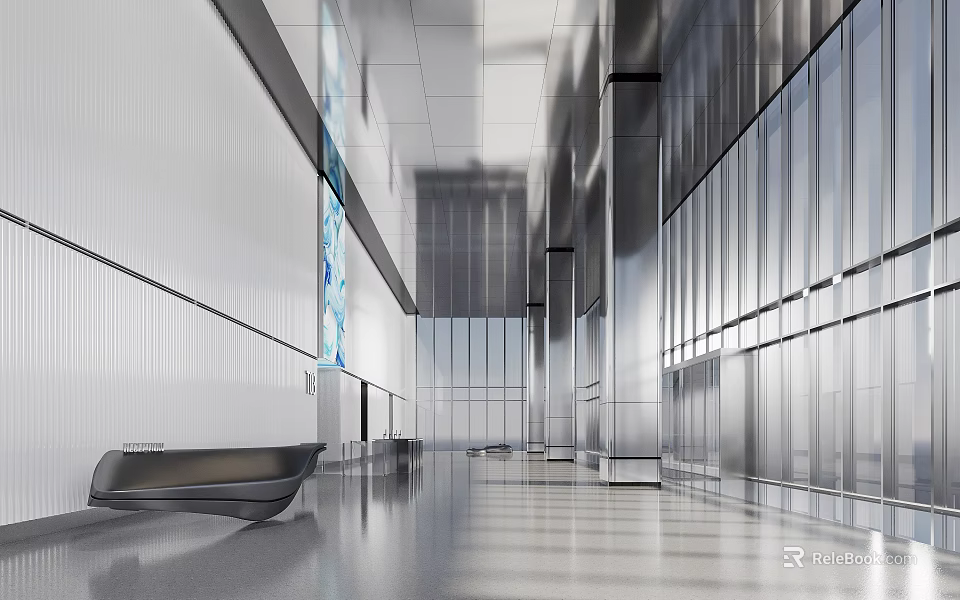 Modern Front Desk Reception Area With Metallic Walls Glass Elements And Spacious Bright Hall 3d model 