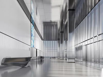 Modern Front Desk Reception Area With Metallic Walls Glass Elements And Spacious Bright Hall 3d model