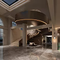 Elegant Modern Hotel Lobby Interior With Skylight Ceiling Circular Water Feature Rockery And Greenery