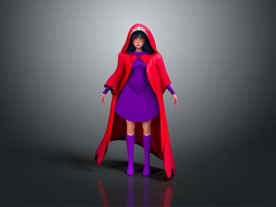 Game Movie Character with Red Cloak Purple Dress Purple Stockings and Black Hair 3d model