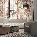 Modern Sofa Coffee Table Combination with Large Windows Forest View Sunlight Green Plants and Rug