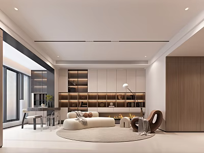 Modern Living And Dining Room Interior Design With Sofa Coffee Table And Display Shelves 3d model